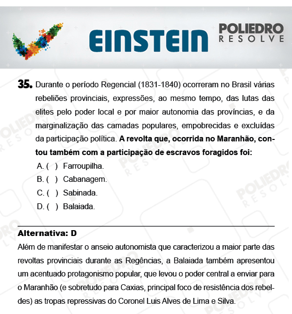 Questão 35 - 1ª FASE - EINSTEIN 2018