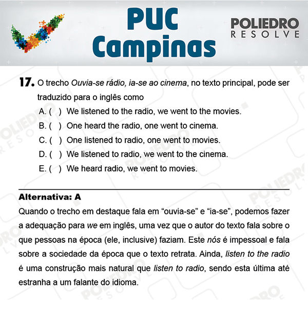 Questão 17 - 1ª Fase - Prova Verde - PUC-Campinas 2018