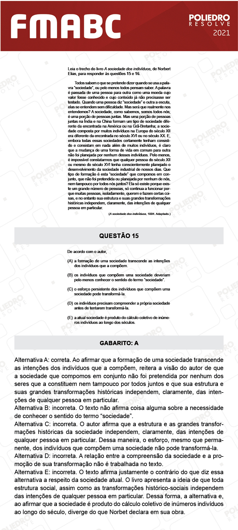 Questão 15 - Fase única - FMABC 2021