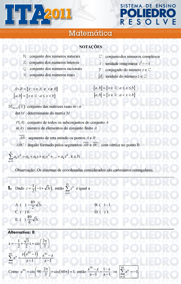 Questão 1 - Matemática - ITA 2011