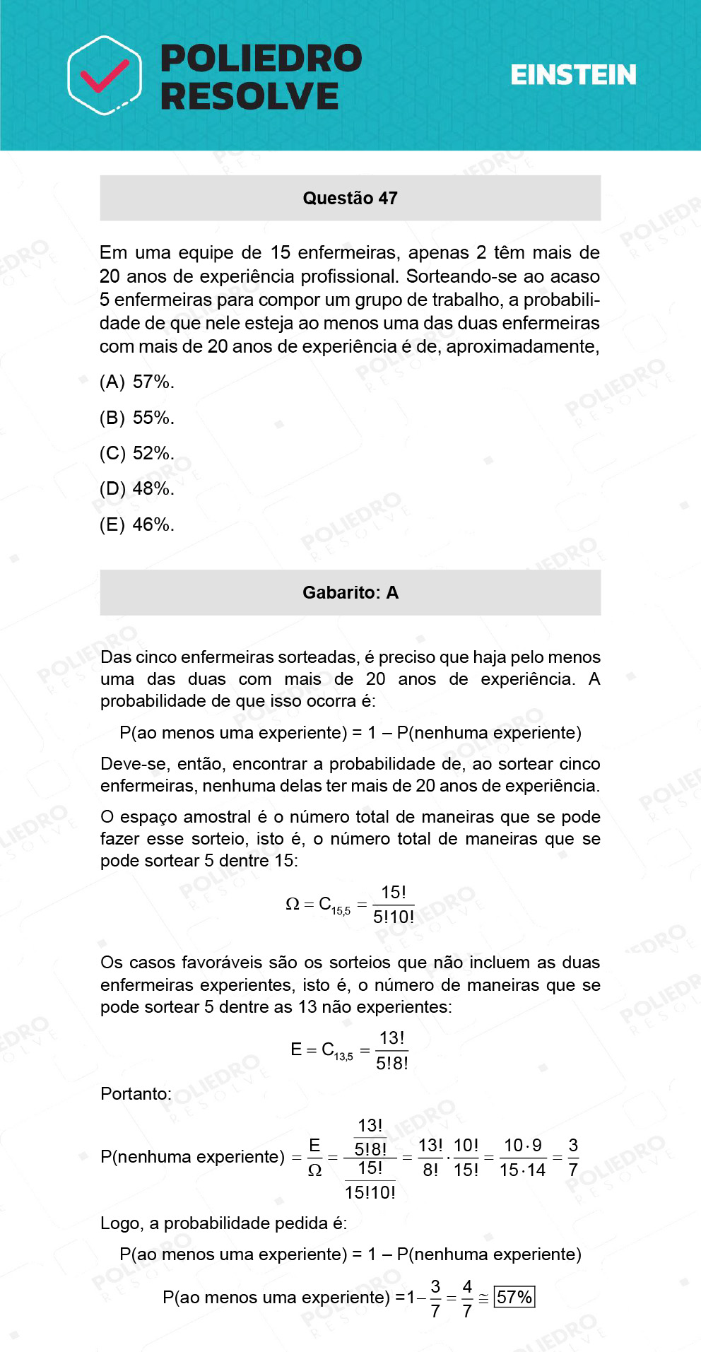 Questão 47 - Fase única - EINSTEIN 2022