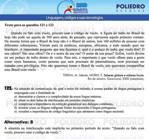 Questão 122 - Prova - ENEM 2009