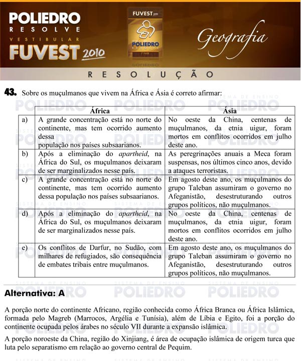 Questão 43 - 1ª Fase - FUVEST 2010