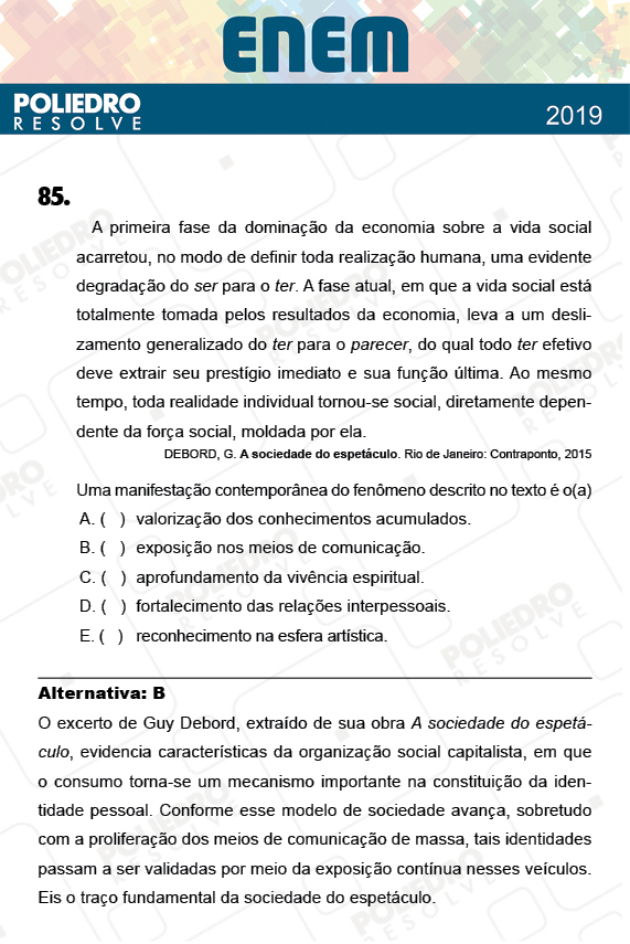 Questão 85 - 1º Dia - Prova AMARELA - ENEM 2018