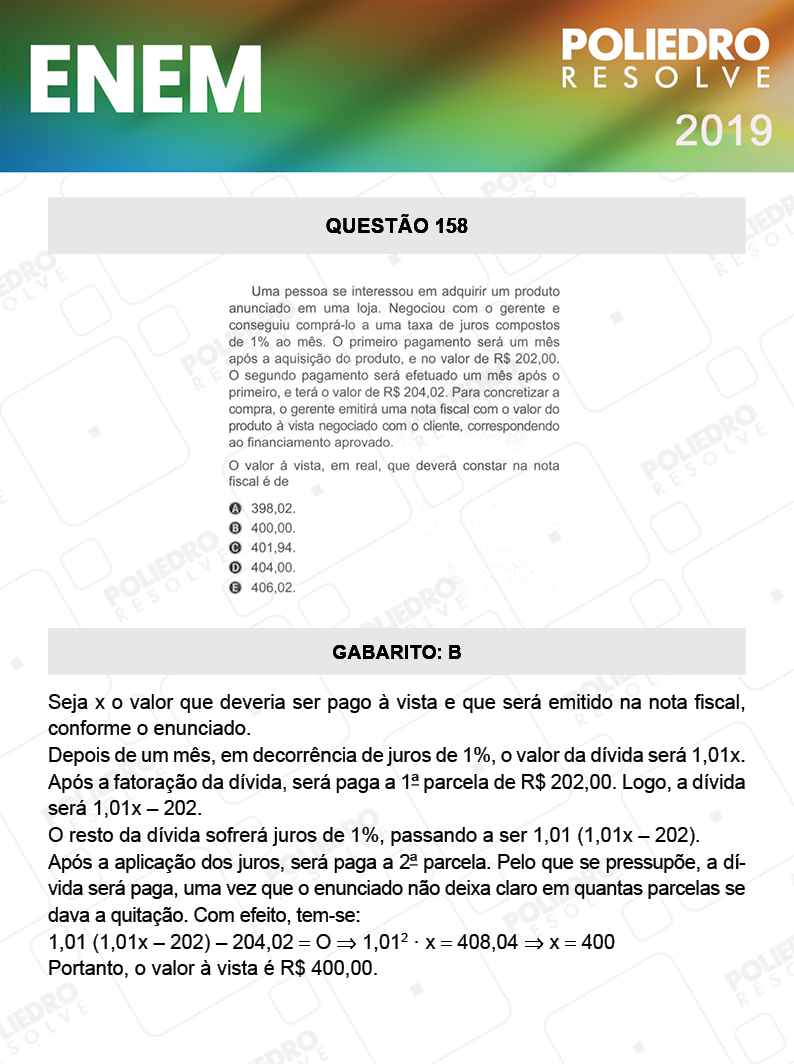 Questão 158 - 2º DIA - PROVA ROSA - ENEM 2019