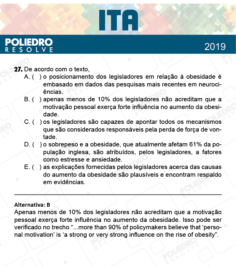 Questão 27 - 1ª Fase - FIS / POR / ING/ MAT / QUI - ITA 2019