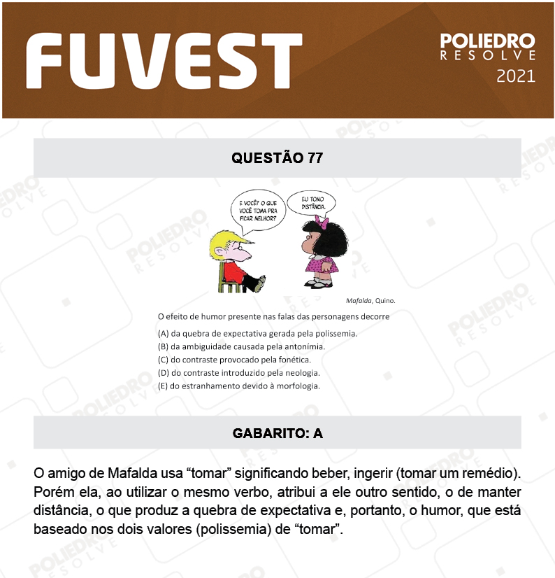 Questão 77 - 1ª Fase - FUVEST 2021