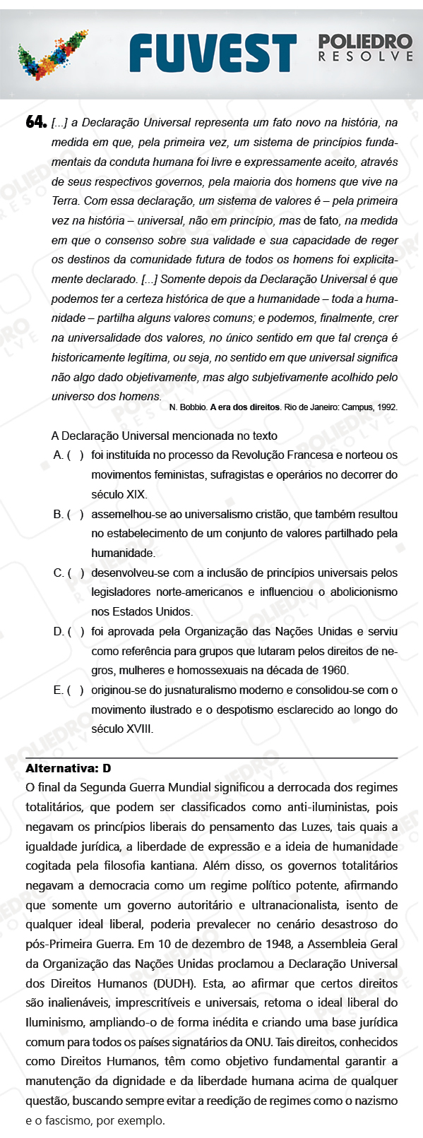 Questão 64 - 1ª Fase - PROVA V - FUVEST 2018