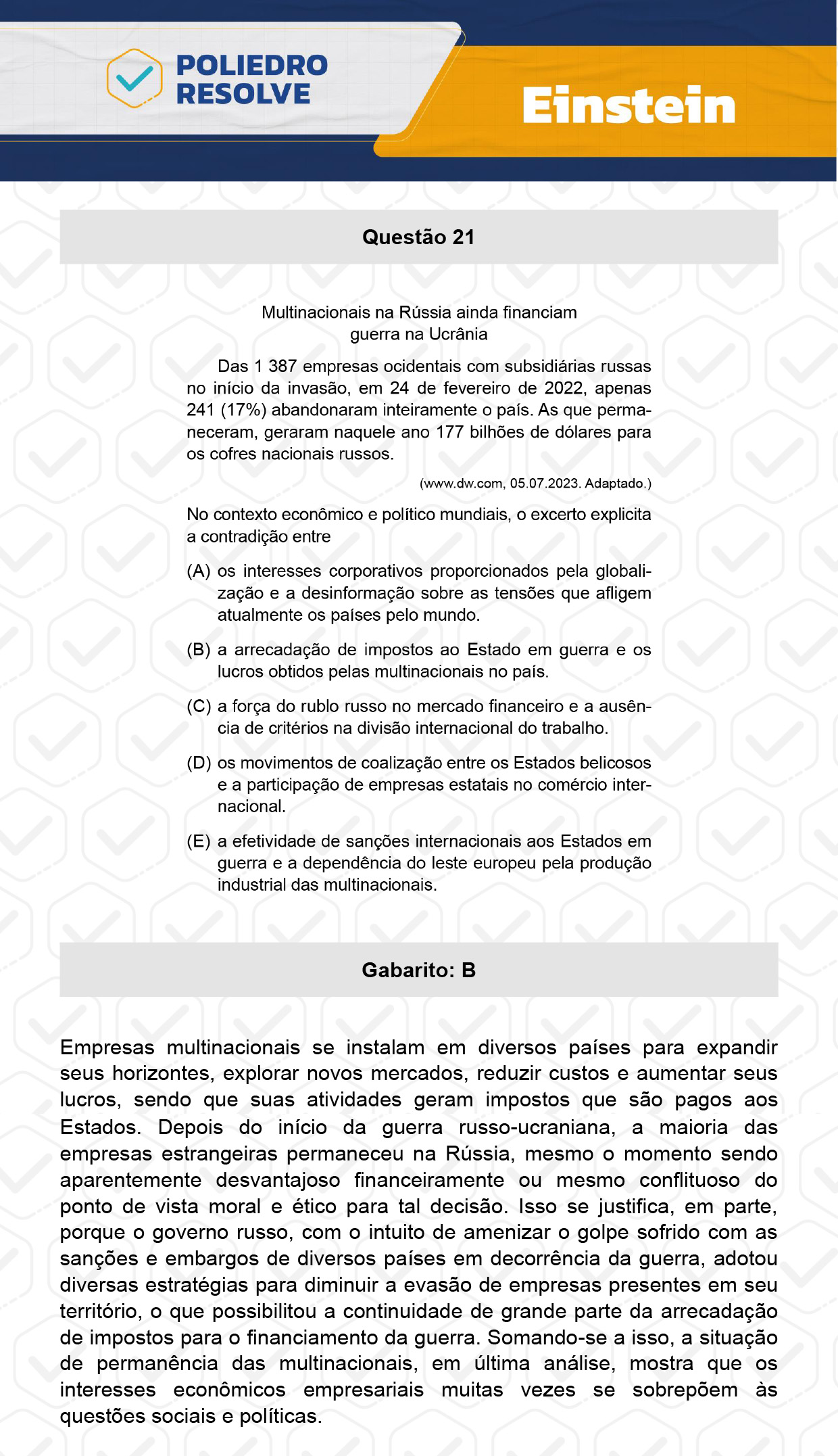 Questão 21 - Fase única - EINSTEIN 2024