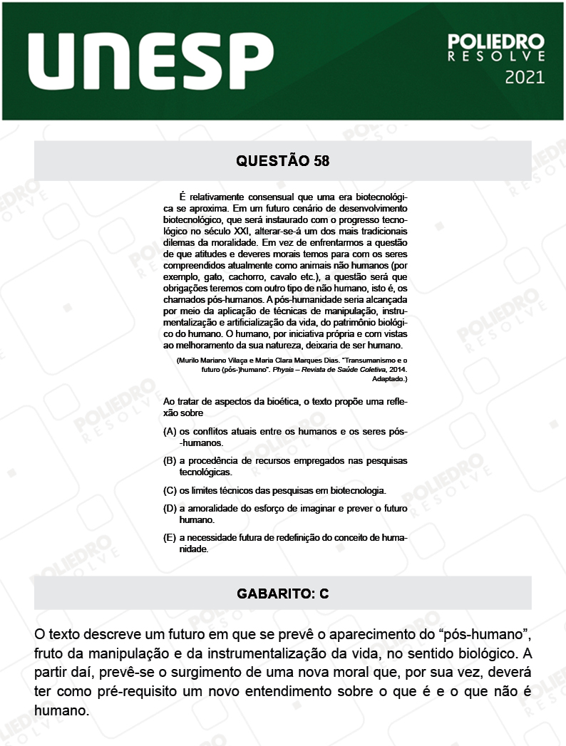 Questão 58 - 1ª Fase - 2º Dia - UNESP 2021