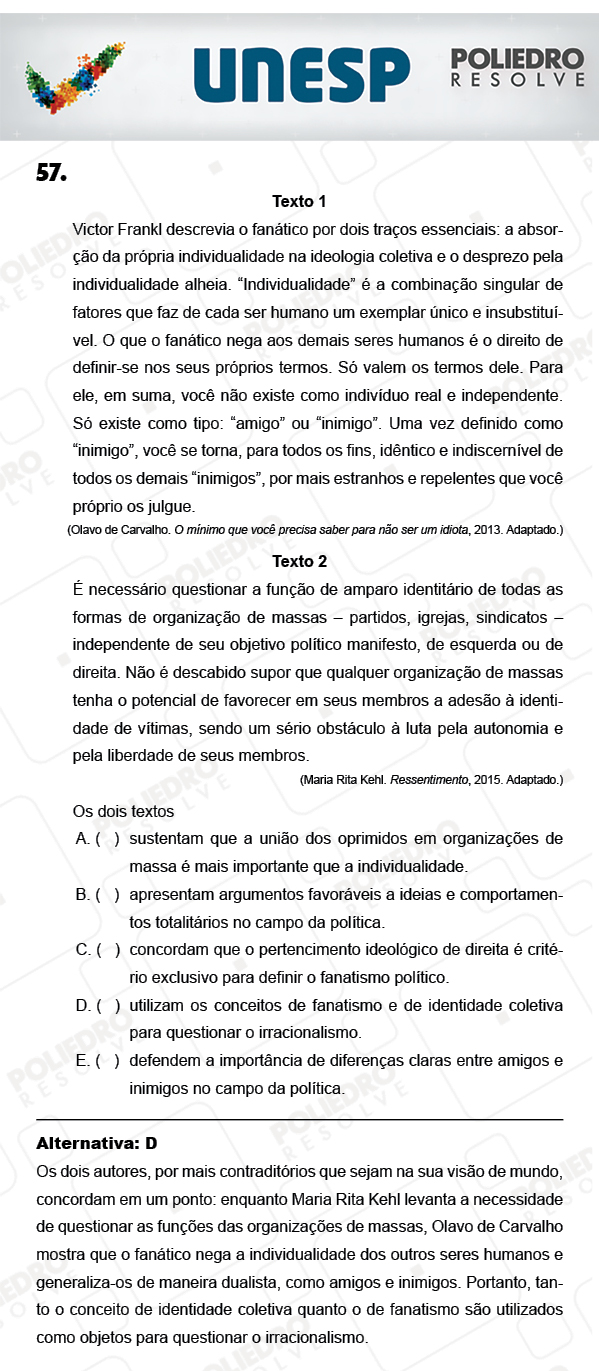 Questão 57 - 1ª Fase - PROVA 4 - UNESP 2018