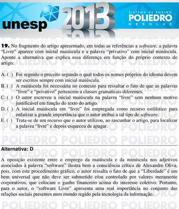 Questão 19 - 1ª Fase - UNESP 2013