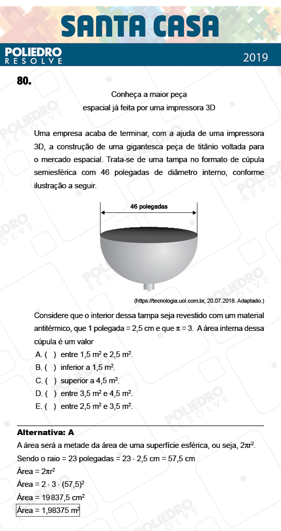 Questão 80 - 2º Dia - Objetivas - SANTA CASA 2019