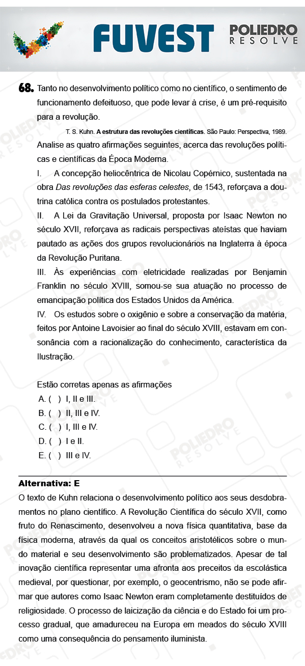 Questão 68 - 1ª Fase - PROVA V - FUVEST 2018