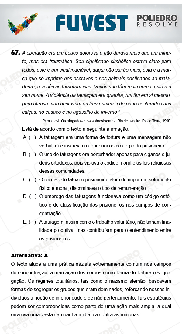 Questão 67 - 1ª Fase - PROVA V - FUVEST 2018