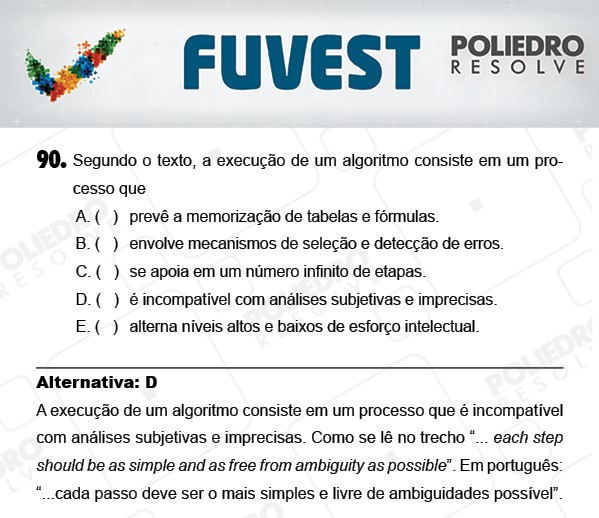 Questão 90 - 1ª Fase - PROVA V - FUVEST 2018