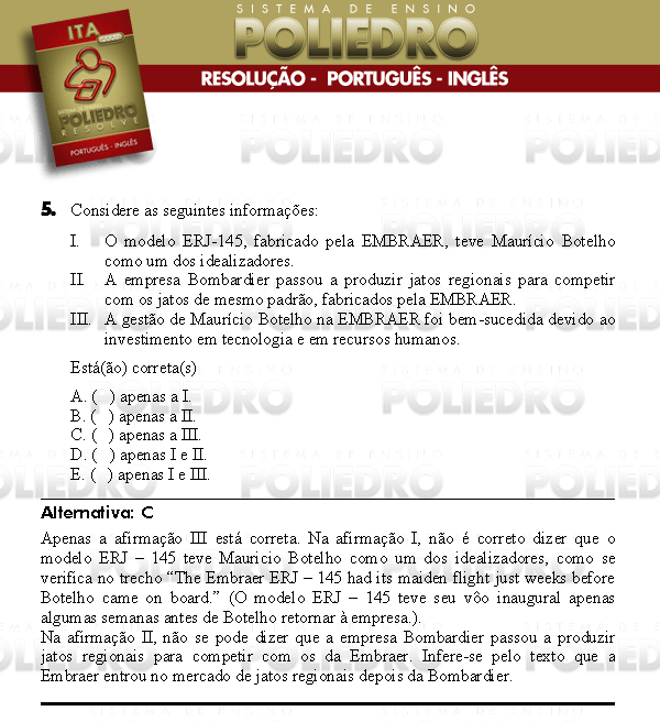 Questão 5 - Português e Inglês - ITA 2008