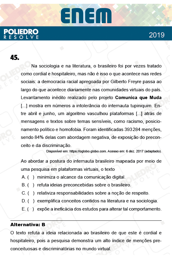 Questão 45 - 1º Dia - Prova AMARELA - ENEM 2018