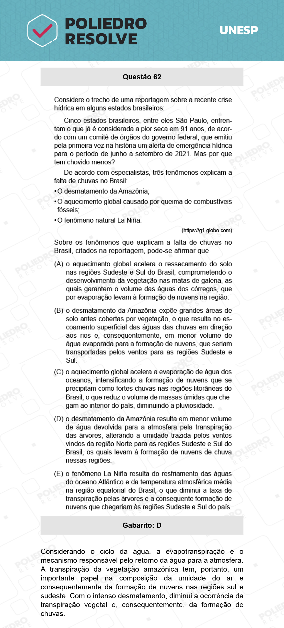 Questão 62 - 1ª Fase - Biológicas - UNESP 2022