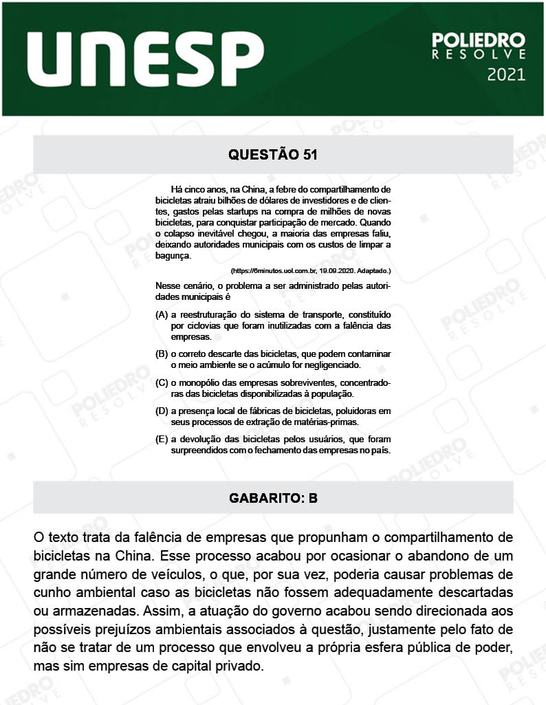 Questão 51 - 1ª Fase - 1º Dia - UNESP 2021