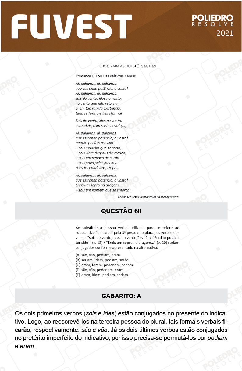 Questão 68 - 1ª Fase - FUVEST 2021