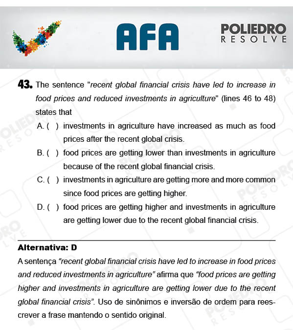 Questão 43 - Prova Modelo A - AFA 2018