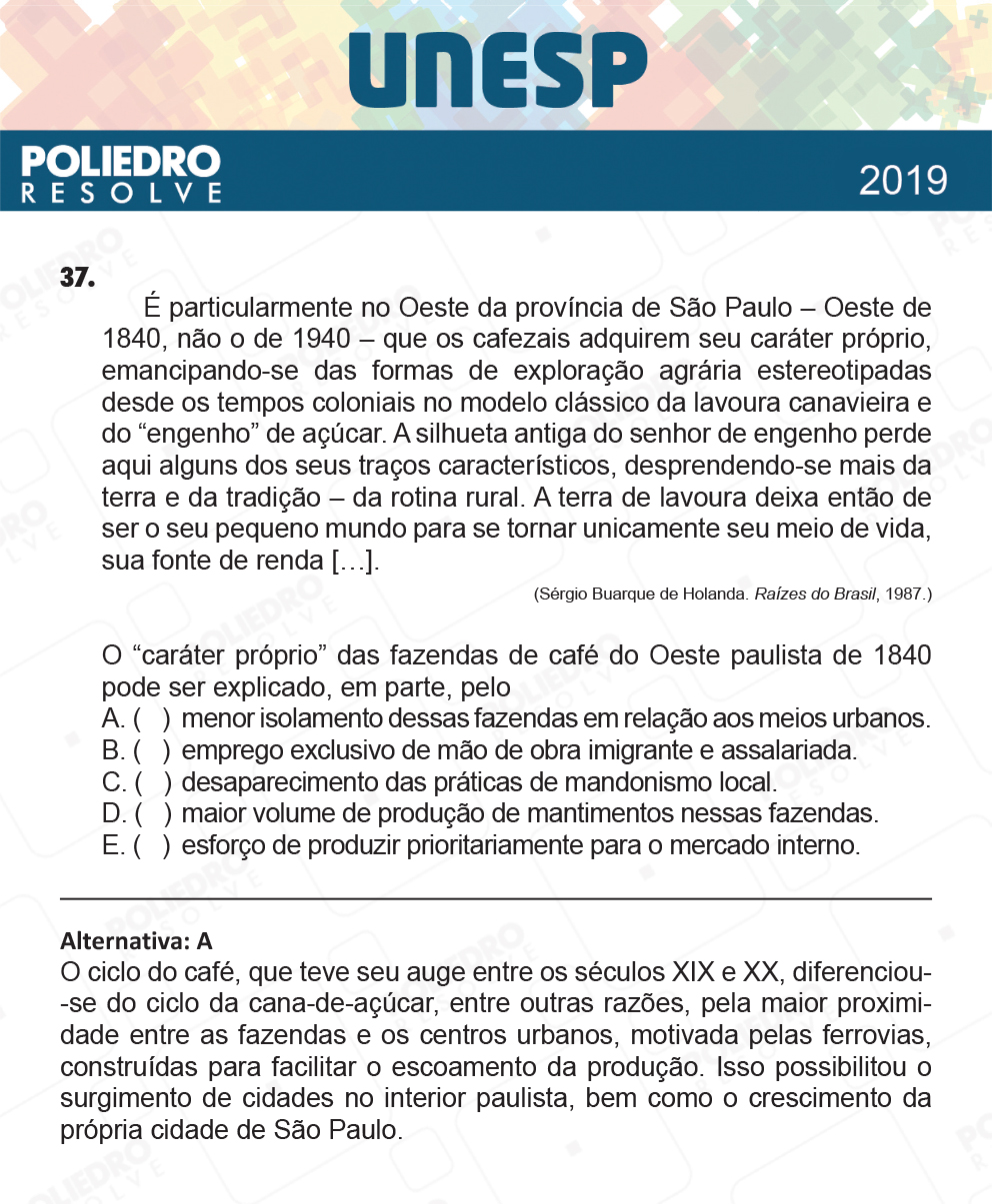 Questão 37 - 1ª Fase - UNESP 2019