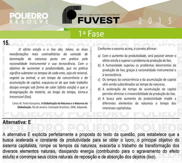 Questão 15 - 1ª Fase - FUVEST 2015