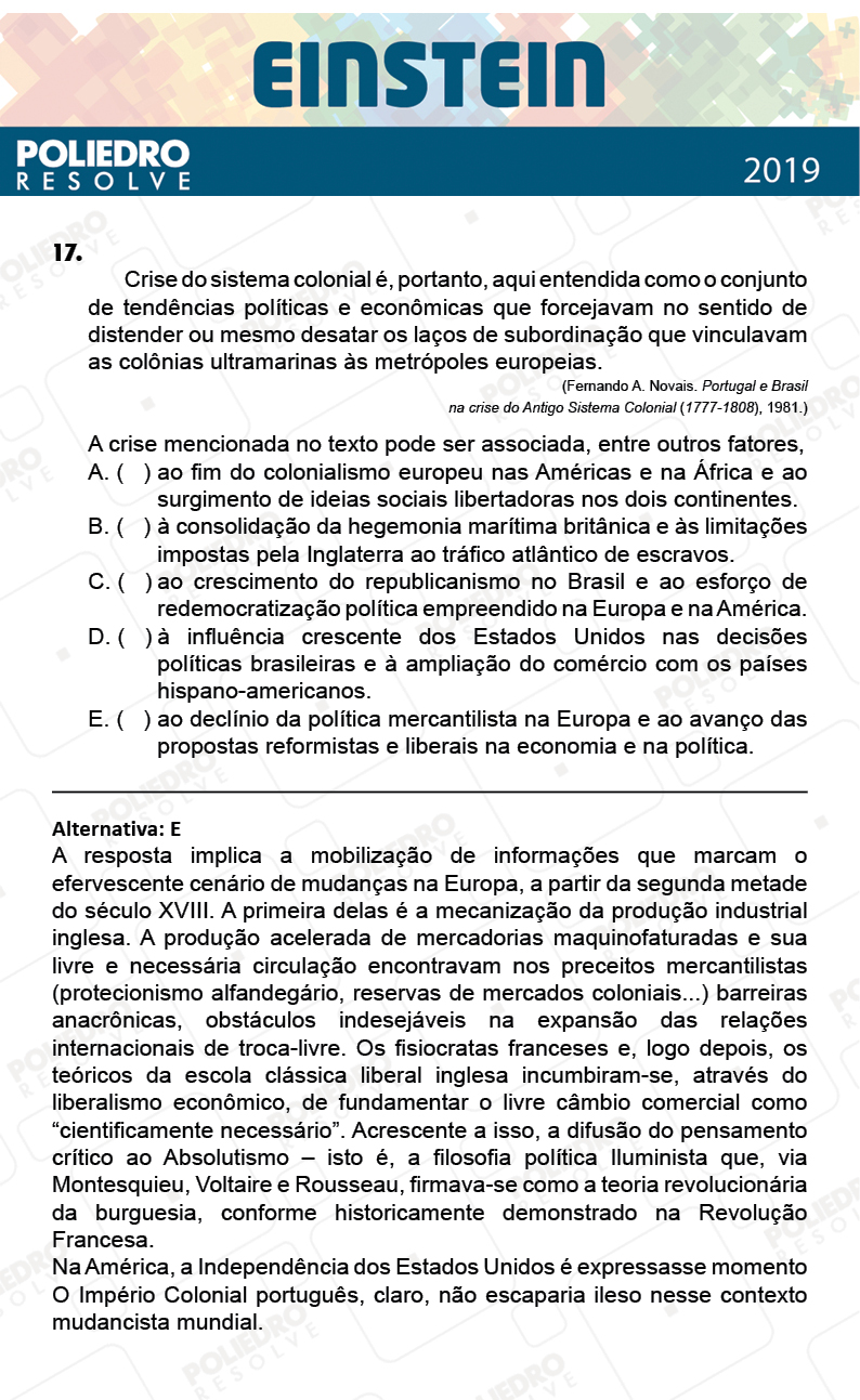 Questão 17 - Fase única - EINSTEIN 2019