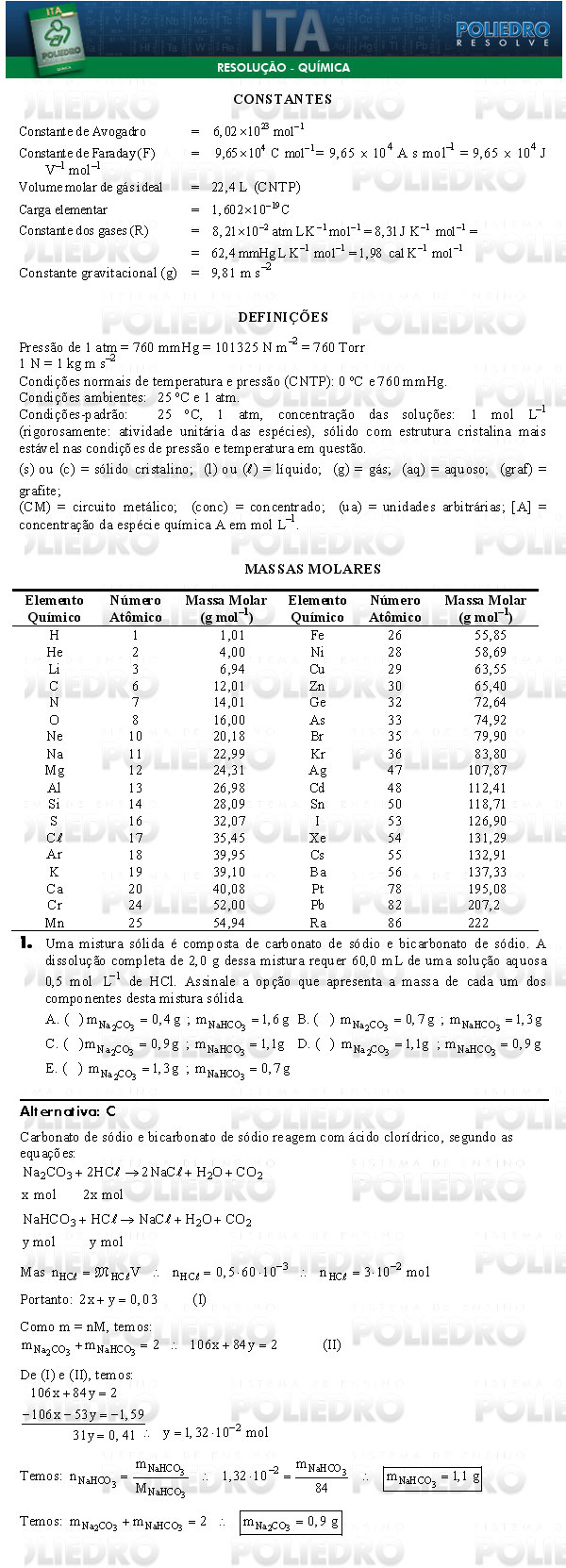 Questão 1 - Química - ITA 2009