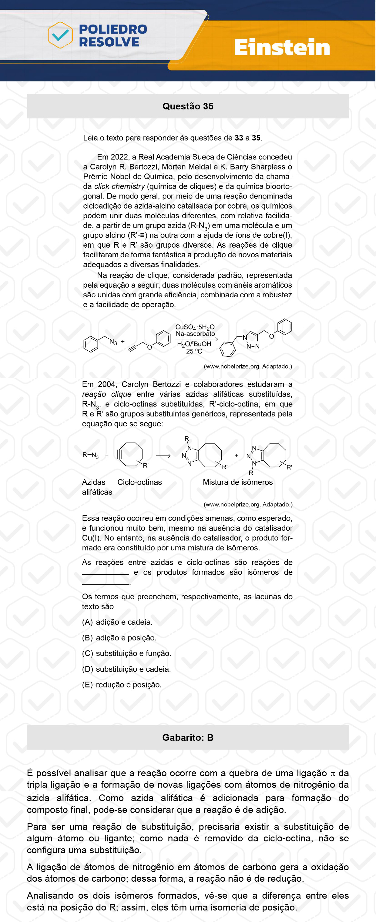 Questão 35 - Fase única - EINSTEIN 2024