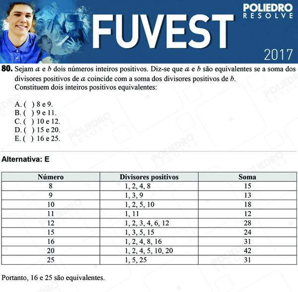 Questão 80 - 1ª Fase - FUVEST 2017