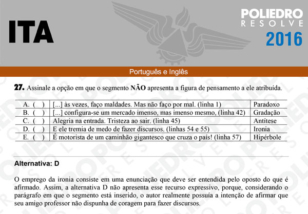 Questão 27 - Português e Inglês - ITA 2016