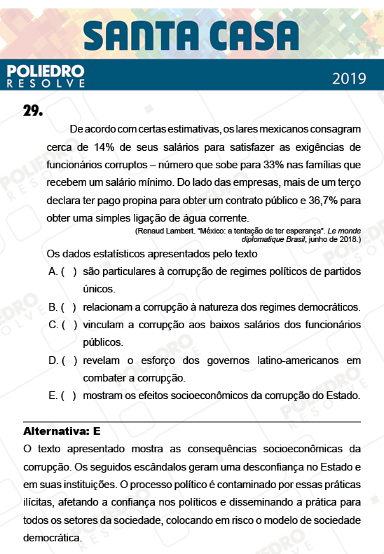 Questão 29 - 2º Dia - Objetivas - SANTA CASA 2019