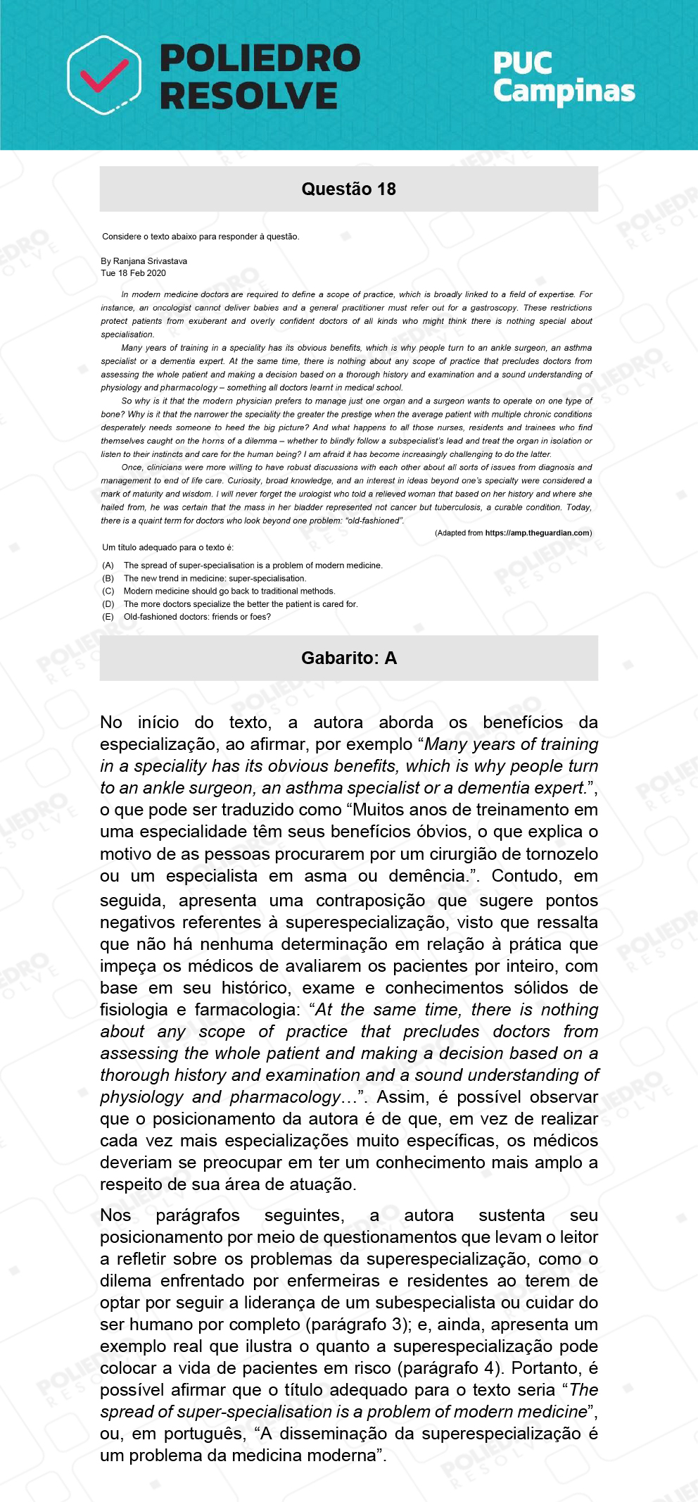 Questão 18 - Prova Geral e Medicina - PUC-Campinas 2022