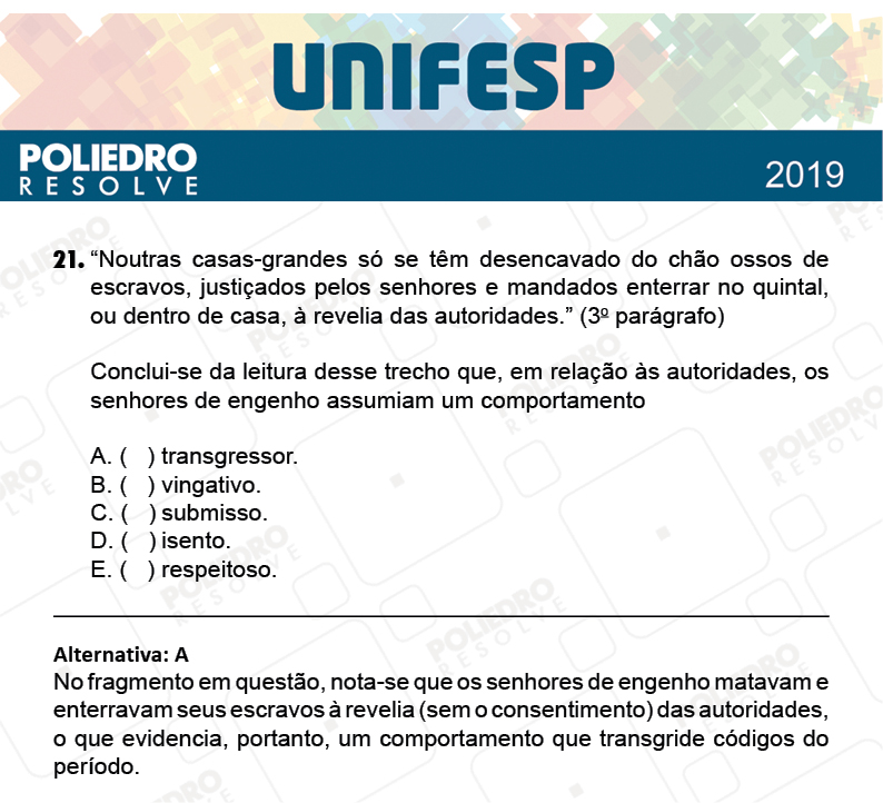 Questão 21 - Fase única - 1º Dia - UNIFESP 2019