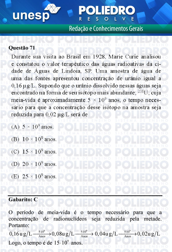 Questão 71 - 1ª Fase - UNESP 2012