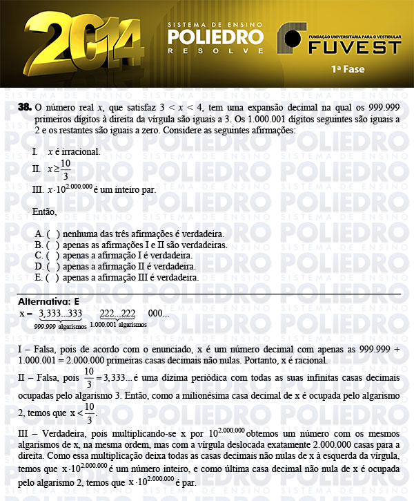 Questão 38 - 1ª Fase - FUVEST 2014