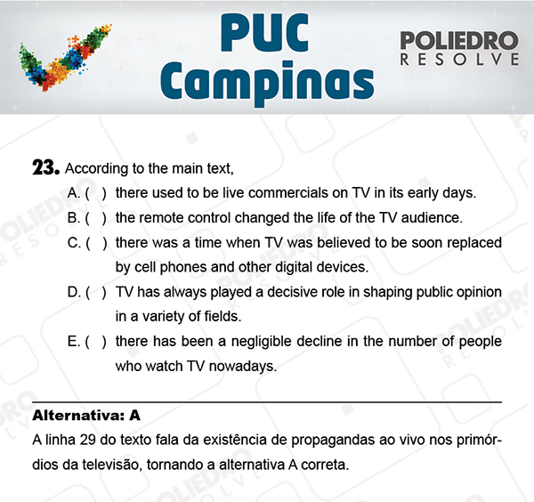 Questão 23 - 1ª Fase - Prova Verde - PUC-Campinas 2018