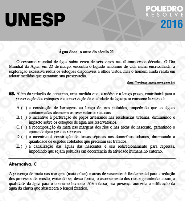 Questão 68 - 1ª Fase - UNESP 2016