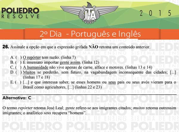 Questão 26 - Português e Inglês - ITA 2015