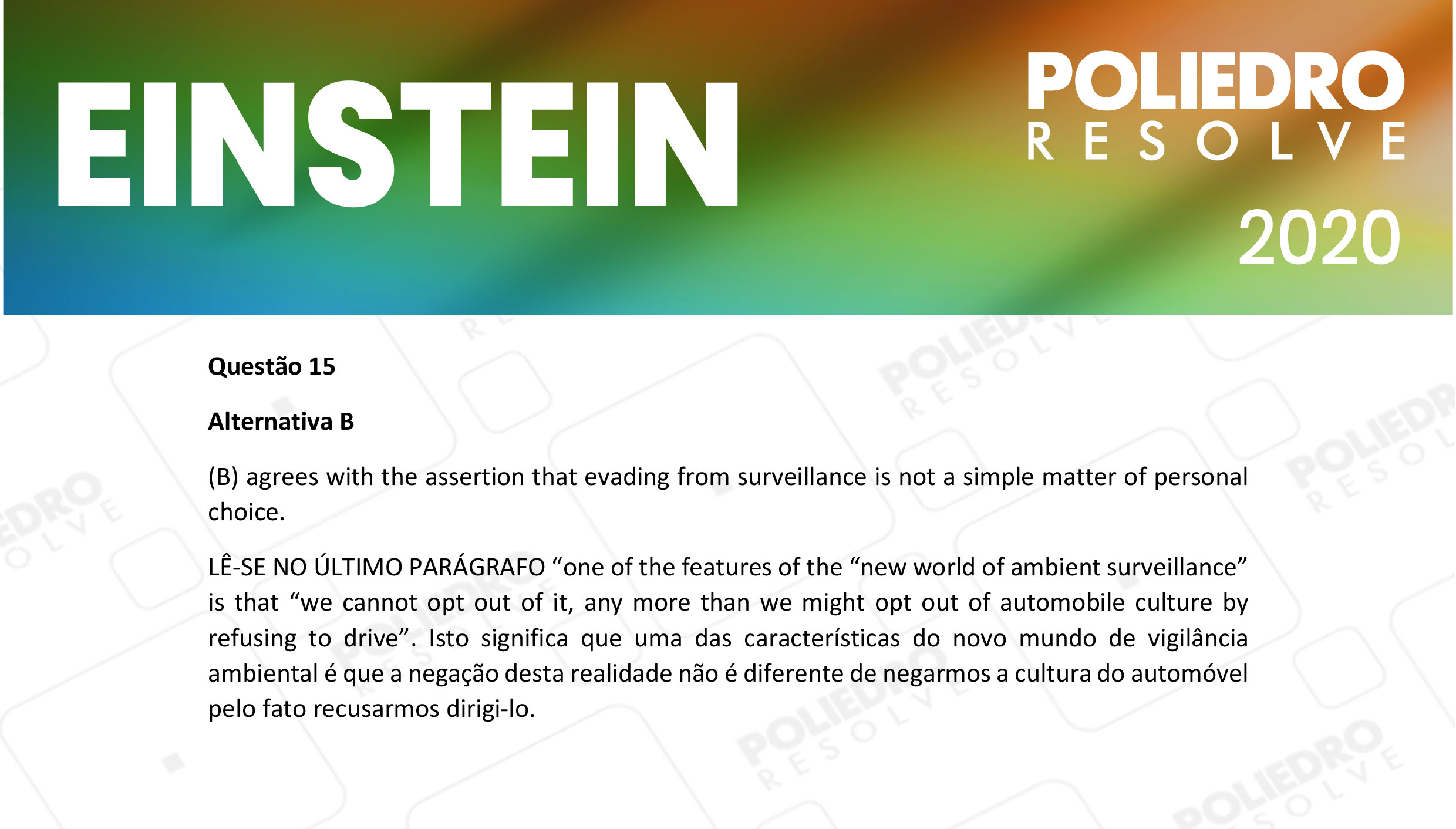 Questão 15 - Fase única - EINSTEIN 2020