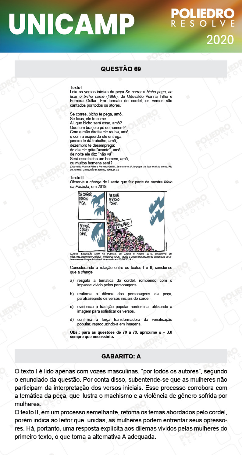 Questão 69 - 1ª Fase - Prova Q e X - UNICAMP 2020