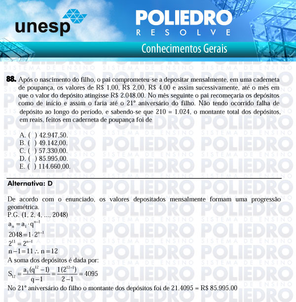 Questão 88 - 1ª Fase - UNESP 2011