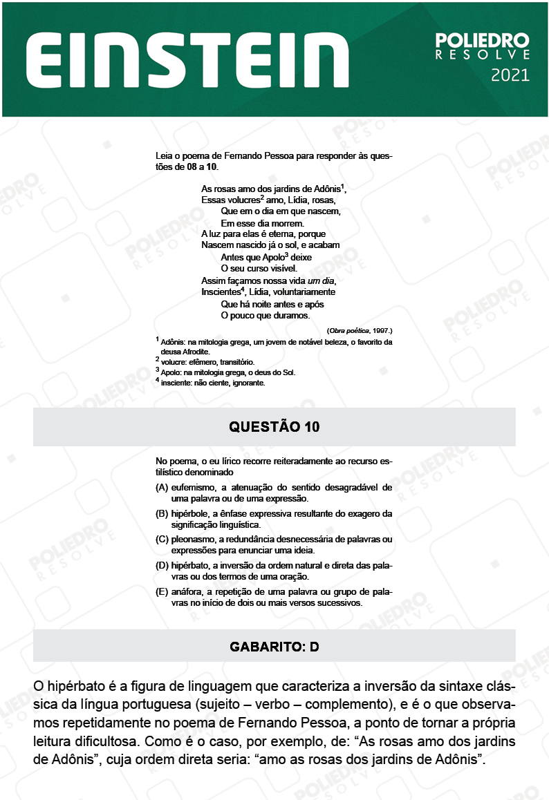 Questão 10 - Fase única - EINSTEIN 2021