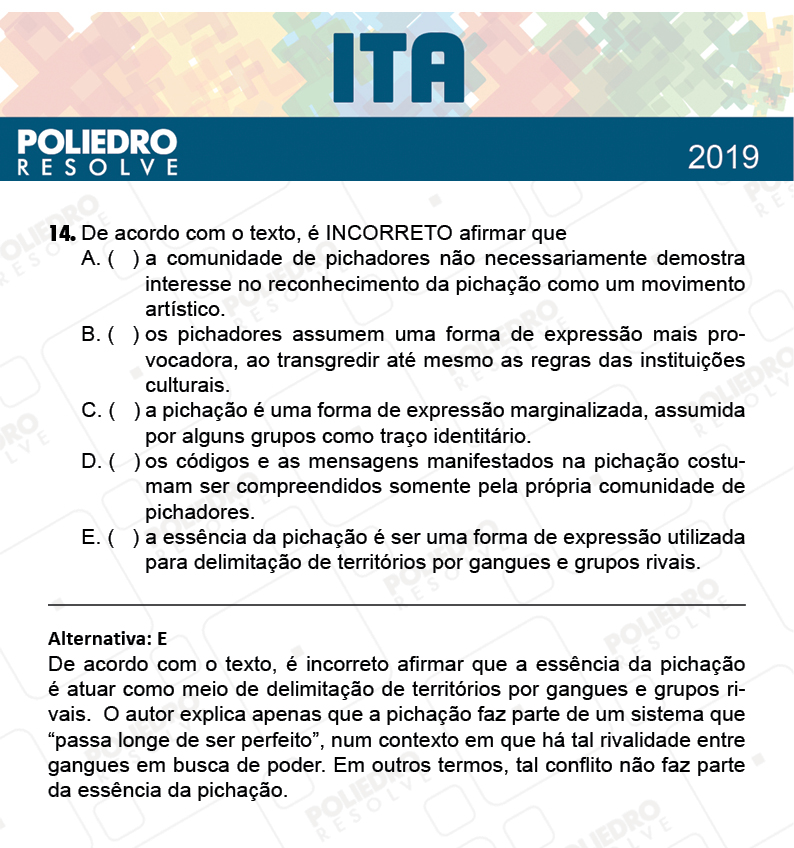 Questão 14 - 1ª Fase - FIS / POR / ING/ MAT / QUI - ITA 2019