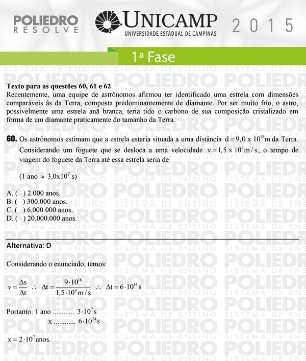 Questão 60 - 1ª Fase - UNICAMP 2015