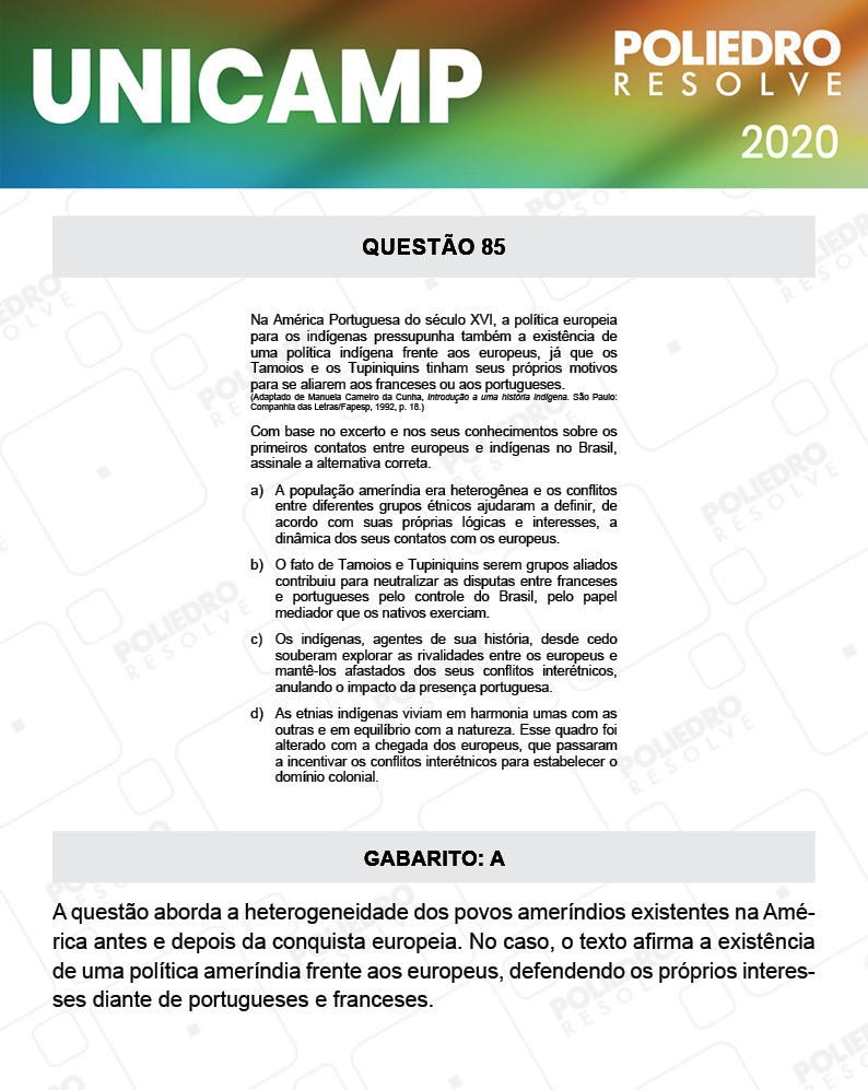 Questão 85 - 1ª Fase - Prova Q e X - UNICAMP 2020