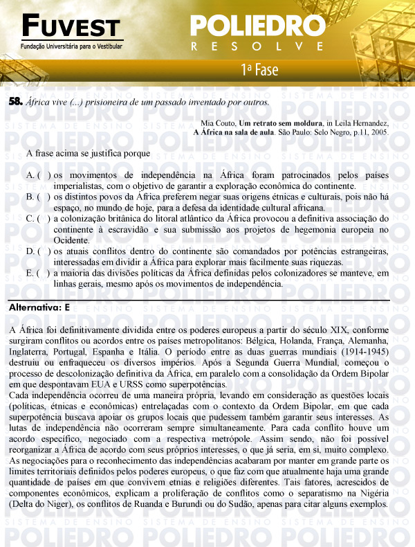 Questão 58 - 1ª Fase - FUVEST 2011