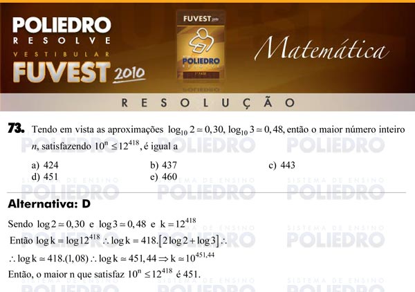 Questão 73 - 1ª Fase - FUVEST 2010